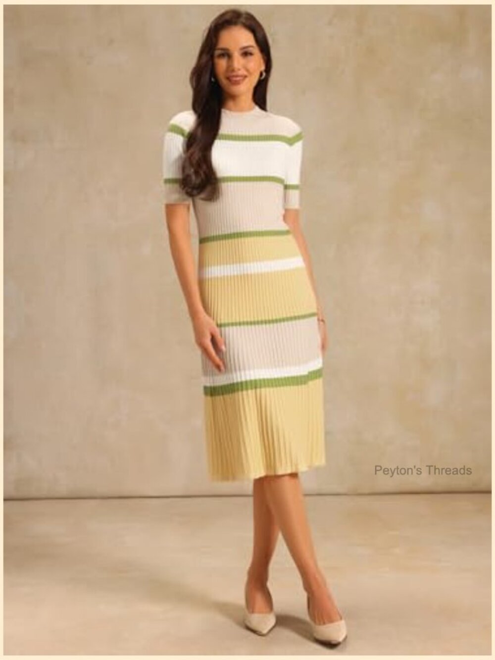 Women's Knit Striped Short Sleeve Midi Ribbed Sweater Dress - Picture 3 of 6